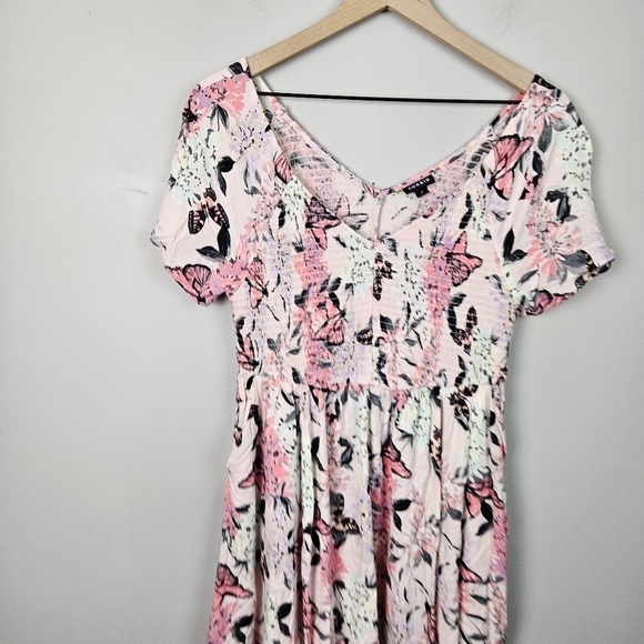 Torrid Mini Challis Smocked Skater Dress Pink Floral Butterfly 0 - Picture 3 of 9